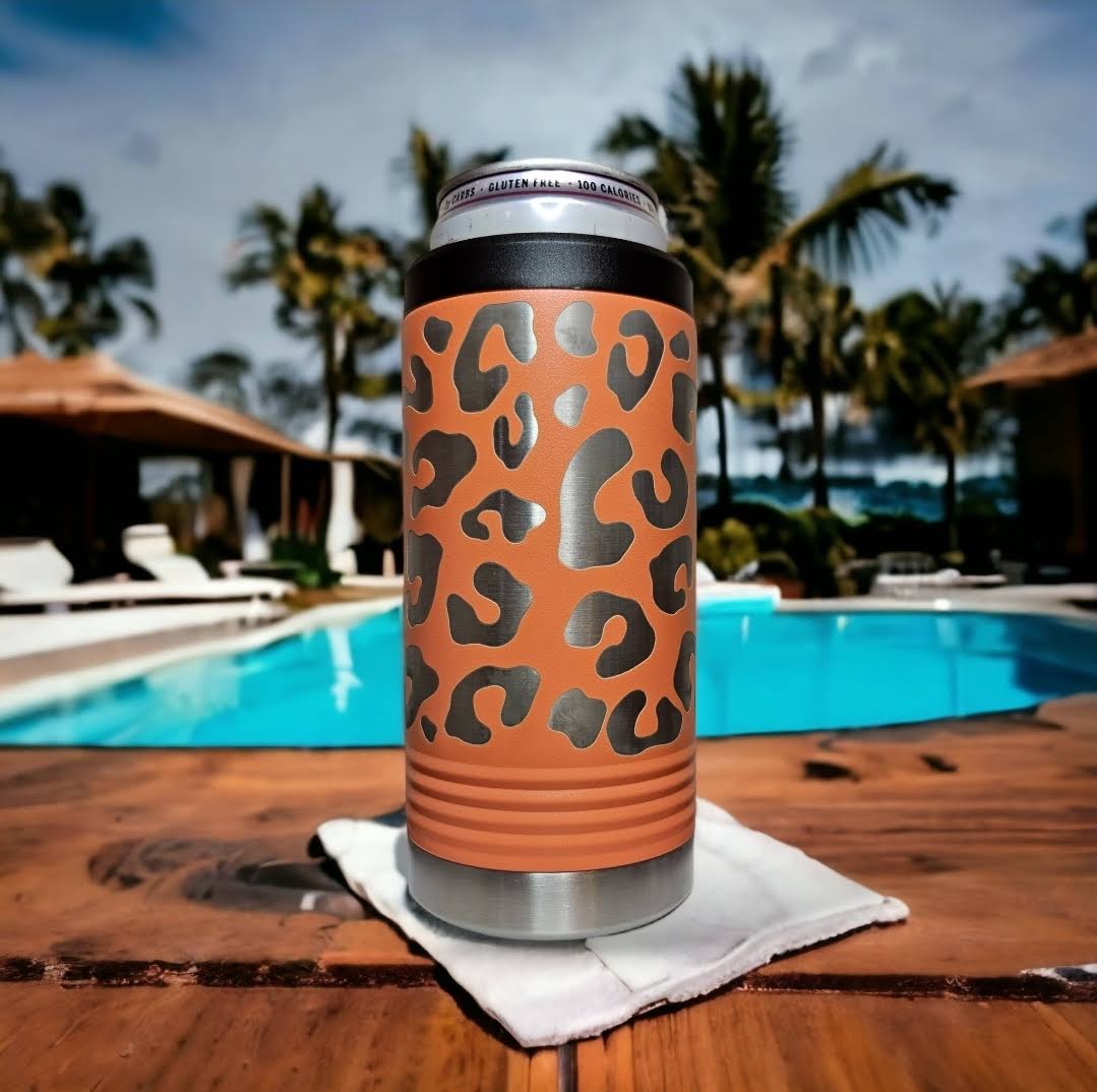 Back view of a laser-engraved slim koozie that says "MAMA" and is surrounded by a leopard print design