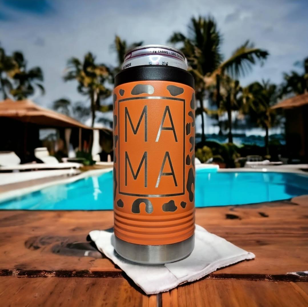 Front view of a laser-engraved slim koozie that says "MAMA" and is surrounded by a leopard print design
