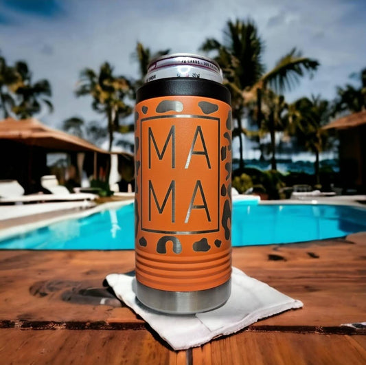Front view of a laser-engraved slim koozie that says "MAMA" and is surrounded by a leopard print design
