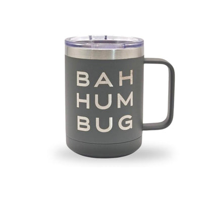 A gray stainless steel mug with "BAH HUM BUG" laser-engraved on the front.