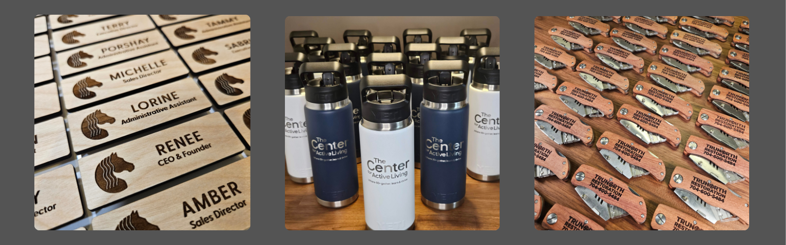 Custom laser engraved name tags, laser engraved white and navy blue Yeti water bottles with company logo, and engraved wood knives by Green Fern Studio Seattle